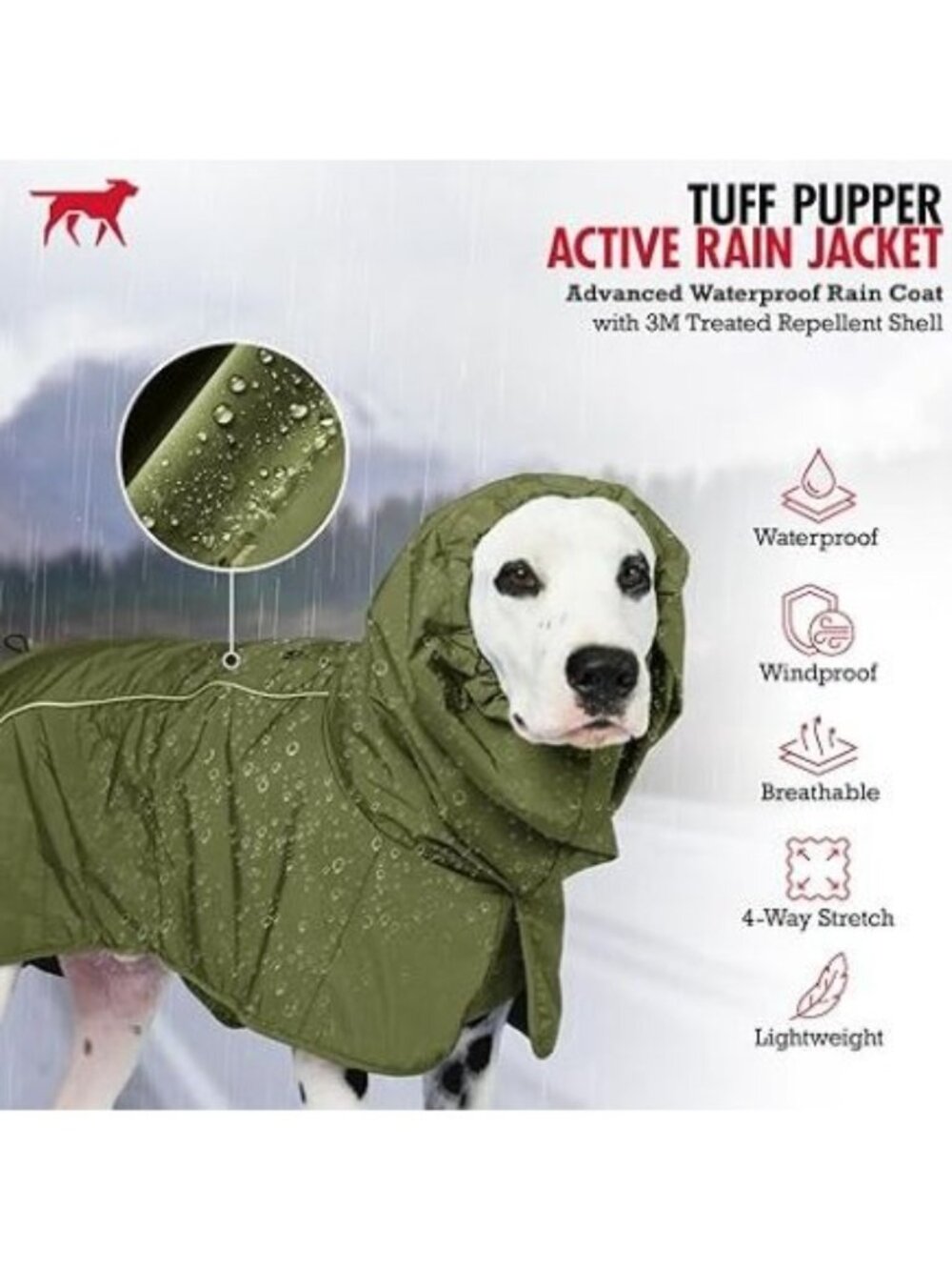 Tuff‎ Pupper Dog Raincoat Reflective Trim Medium Green Waterproof Adjustable